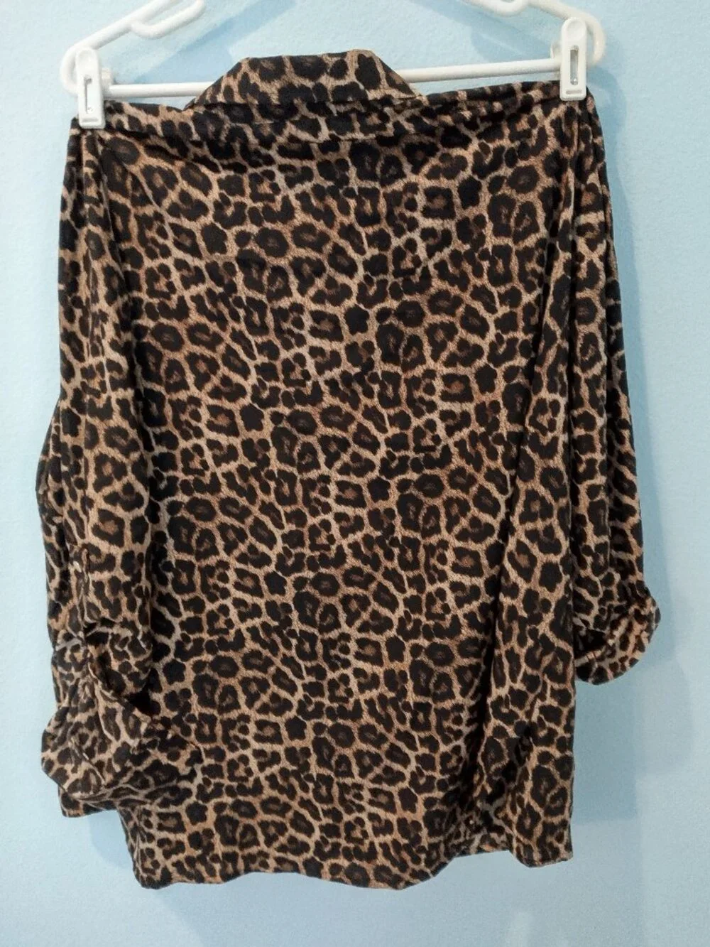Michael Kors Full Zip Shirt Black/Brown Leopard Roll Tab Sleeves 2X